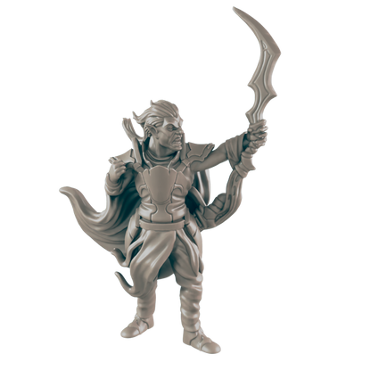 A grey figurine of an elf-like archer, nocking a curved, bladed arrow, stands on a plain background.