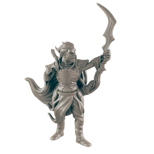 A grey figurine of an elf-like archer, nocking a curved, bladed arrow, stands on a plain background.