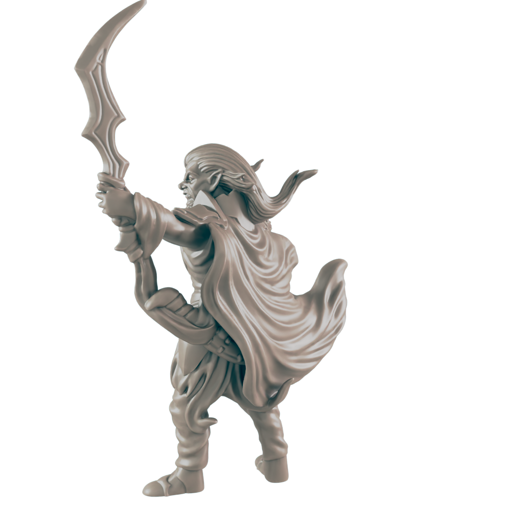 A sculpted elf miniature, nocking a curved bow, stands against a plain background.