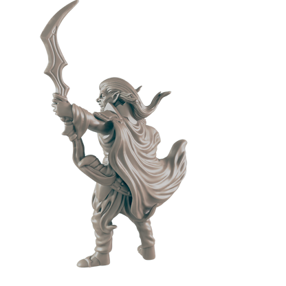 A sculpted elf miniature, nocking a curved bow, stands against a plain background.