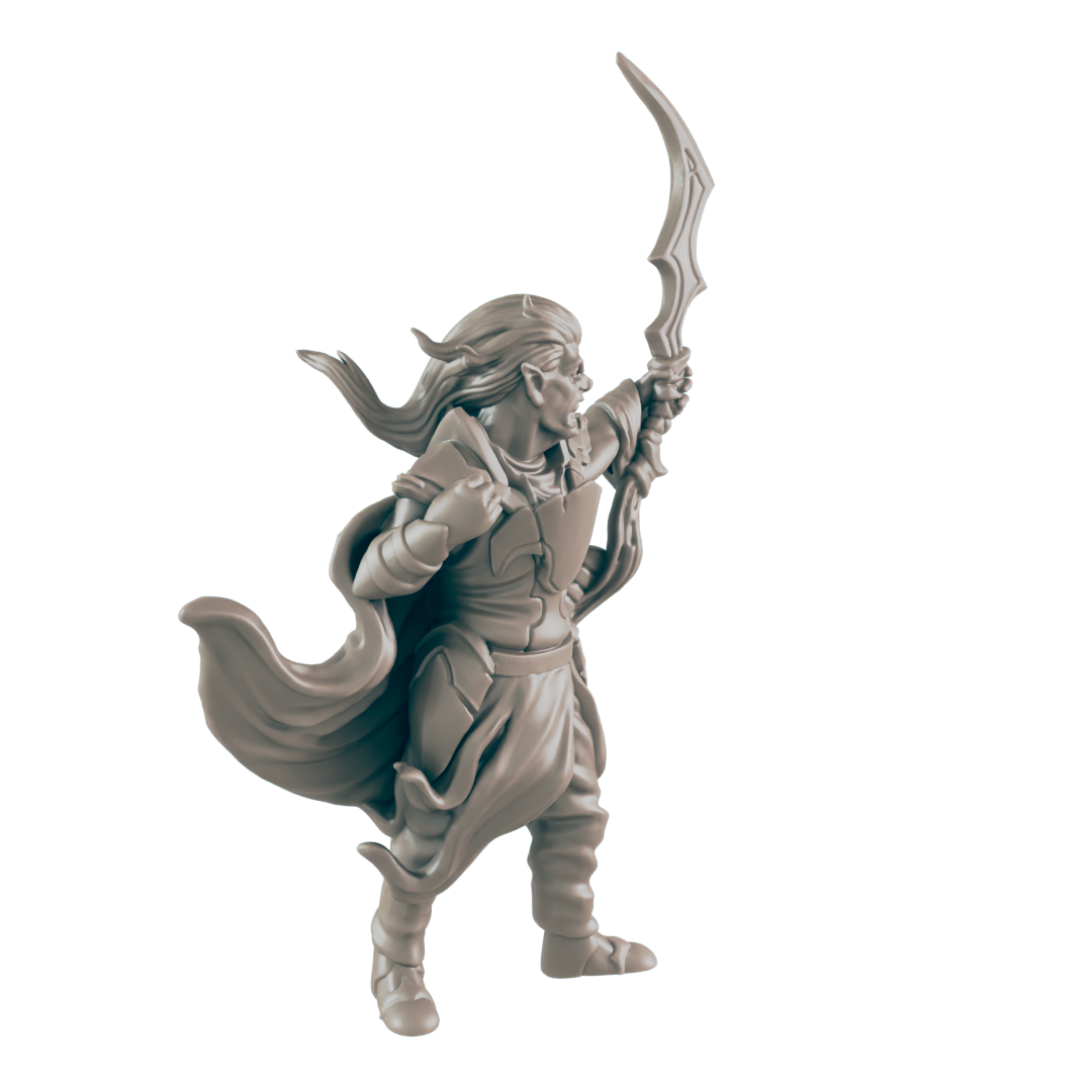 A miniature elf figure wields a curved blade,  standing against a dark background.