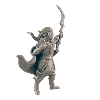 A miniature elf figure wields a curved blade,  standing against a dark background.