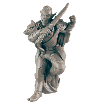 A light-grey Orc miniature lunges forward with a sword in hand and a snarl on its face, set against a black background. It wears armor.
