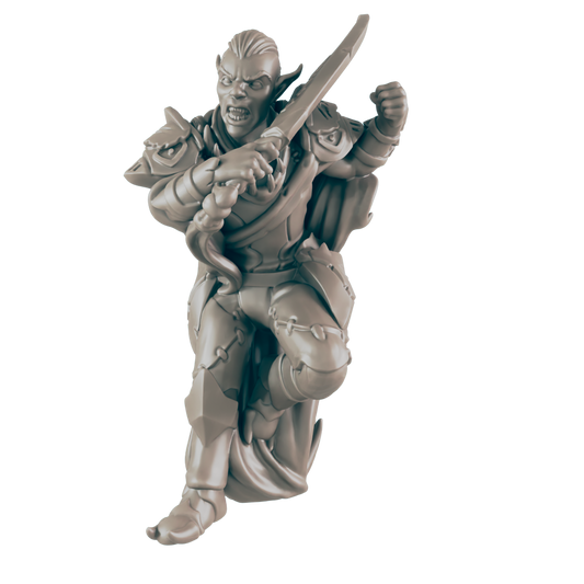 A light-grey Orc miniature lunges forward with a sword in hand and a snarl on its face, set against a black background. It wears armor.