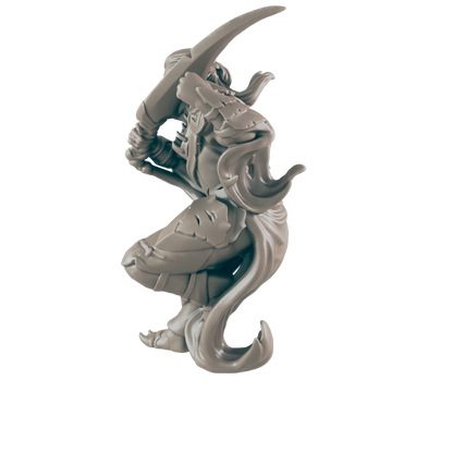 A miniature figurine, appearing to be a female elf, wields a curved blade in a crouching defensive posture against a dark background.