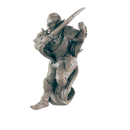 A miniature goblinoid figure, wielding a long, slender sword, attacks dynamically against a dark background.