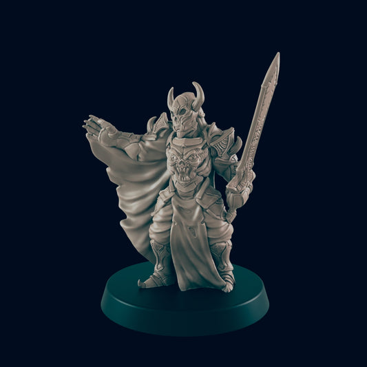 A skeletal knight miniature stands on a circular base, wielding a long sword, against a dark background.