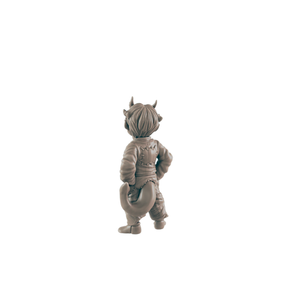 A small, tan figurine of a horned, tailed creature stands with hands on hips against a dark background.