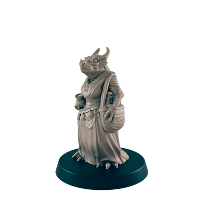 A dragon-like figurine stands, holding a pot and basket.  It wears a robe and is positioned on a dark circular base.