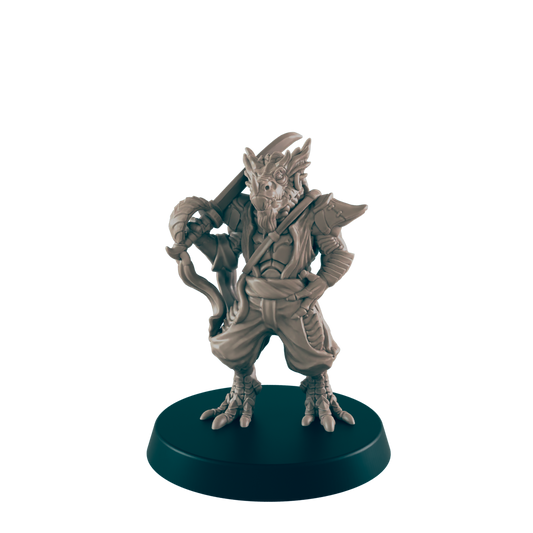 A reptilian humanoid miniature stands on a dark circular base. It holds a curved weapon, appearing ready for action.