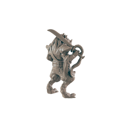 A miniature humanoid figure, wielding a katana, stands against a dark background.