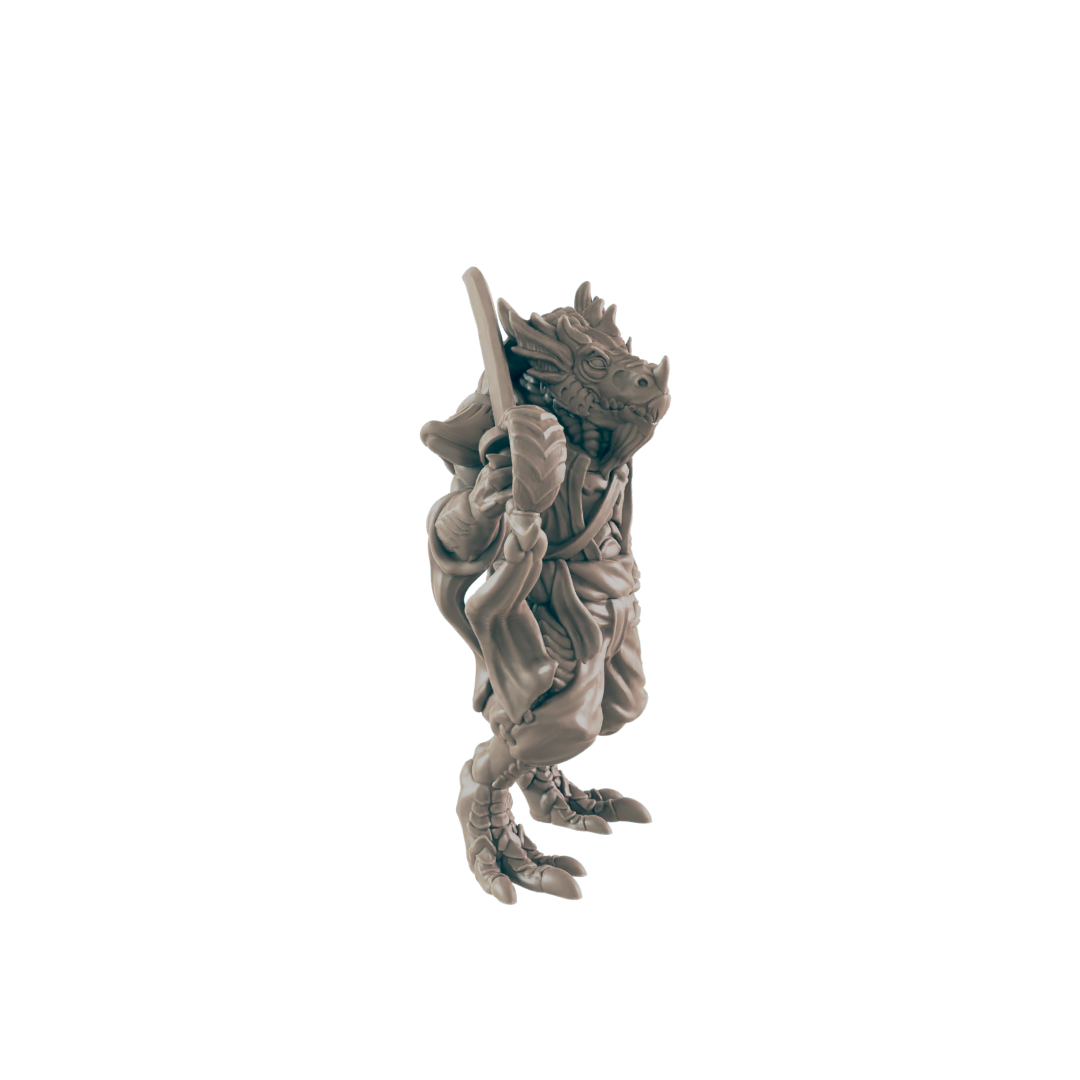 A dragon-like miniature figure stands, holding a staff, against a black background.