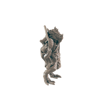 A dragon-like miniature figure stands, holding a staff, against a black background.