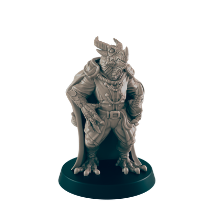 A reptilian humanoid miniature stands on a circular base; it wears a long coat and appears to be in a poised, possibly expectant pose.