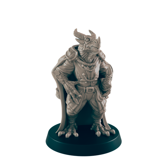 A reptilian humanoid miniature stands on a circular base; it wears a long coat and appears to be in a poised, possibly expectant pose.