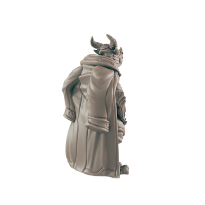 A miniature figurine of a horned figure stands, wearing a long coat, against a dark background.