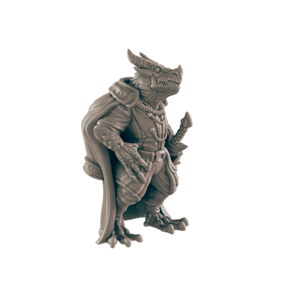 A dragon-like humanoid figurine stands, garbed in a cloak and ornate clothing, against a black background.