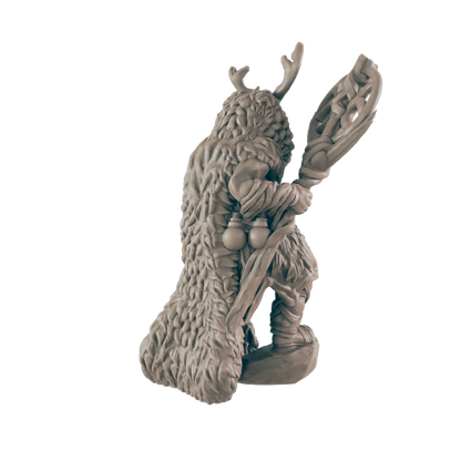 A yeti-like figure stands, holding a large paddle. Antlers sit atop the figure's head, and two bulbs hang on its waist. A black background surrounds it.