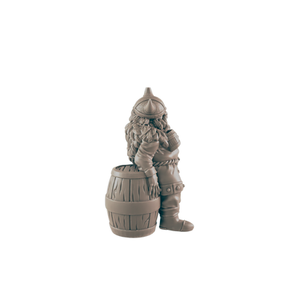 A dwarven figurine stands beside a barrel against a dark background.