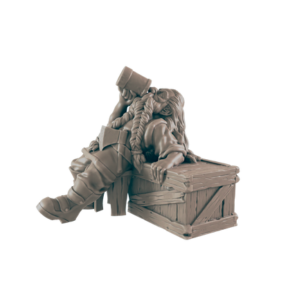 A monochrome dwarf figurine is slumped over a wooden crate, drinking from a tankard. Her braids are long and thick, and she is wearing boots, a tunic, and an axe across her chest.