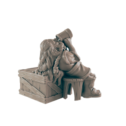 A female dwarf drinks from a large mug while seated on a stool with her back against a wooden crate.