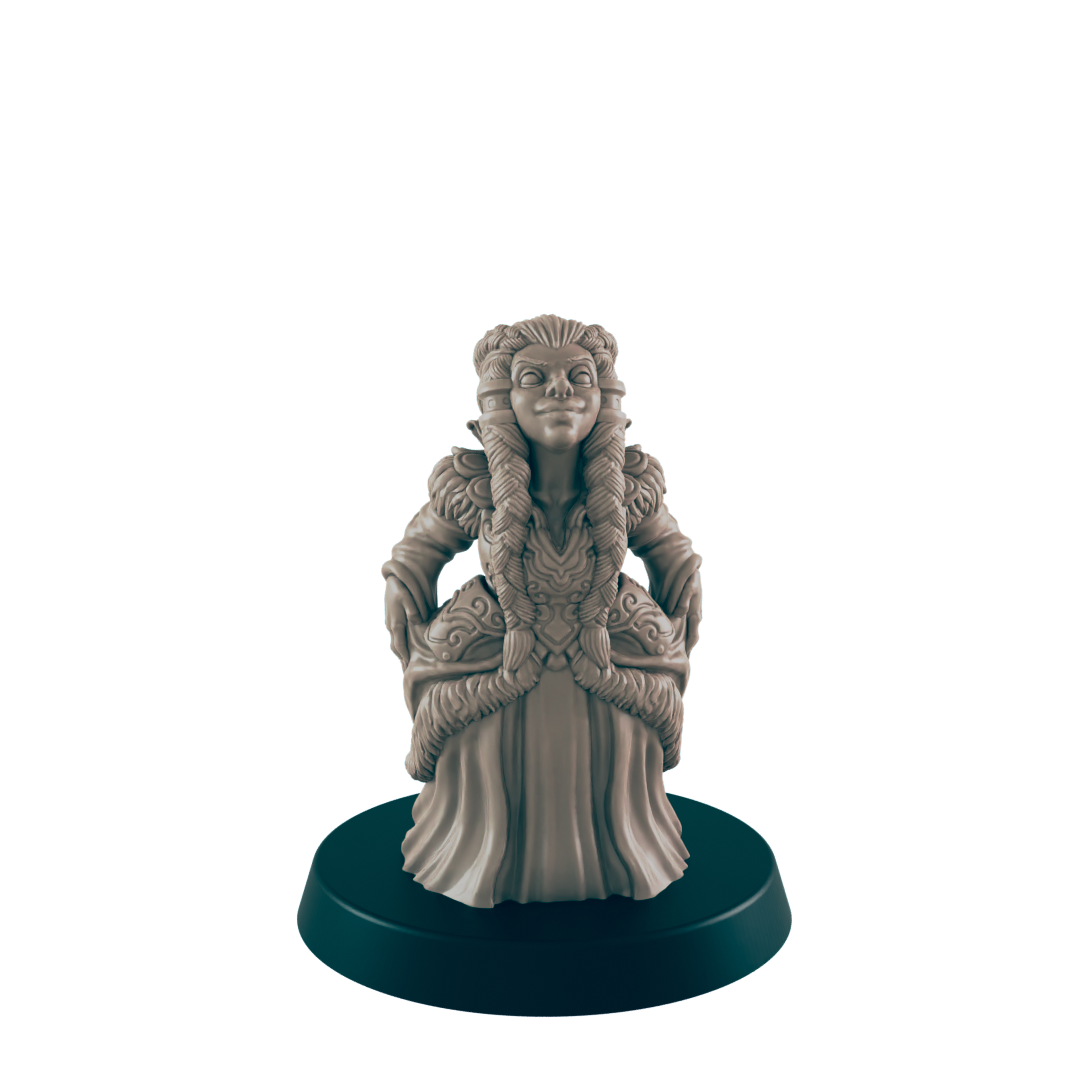 A miniature figure of a smiling woman in a detailed dress with fur trim stands on a black base against a black background.