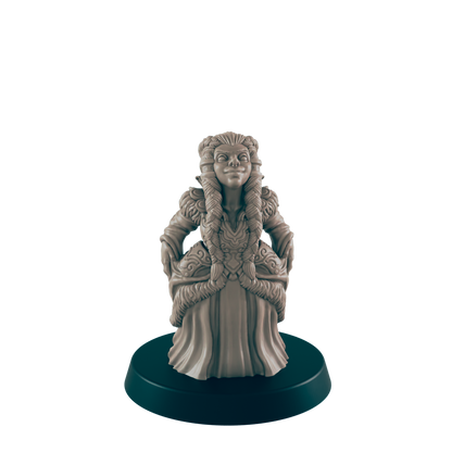 A miniature figure of a smiling woman in a detailed dress with fur trim stands on a black base against a black background.