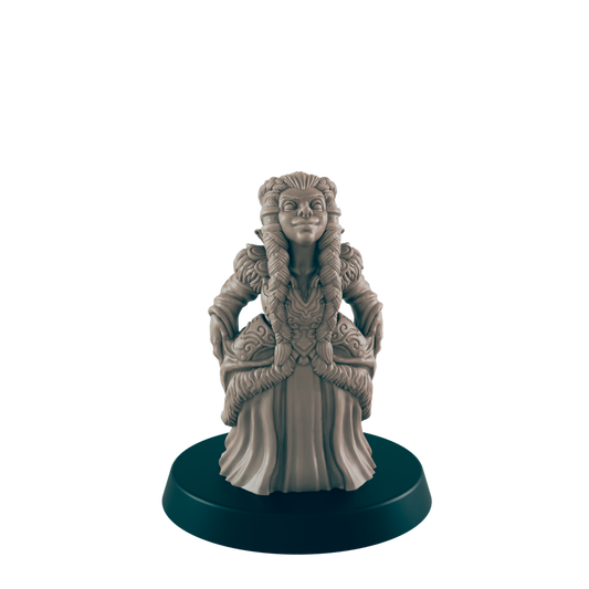 A miniature figure of a smiling woman in a detailed dress with fur trim stands on a black base against a black background.