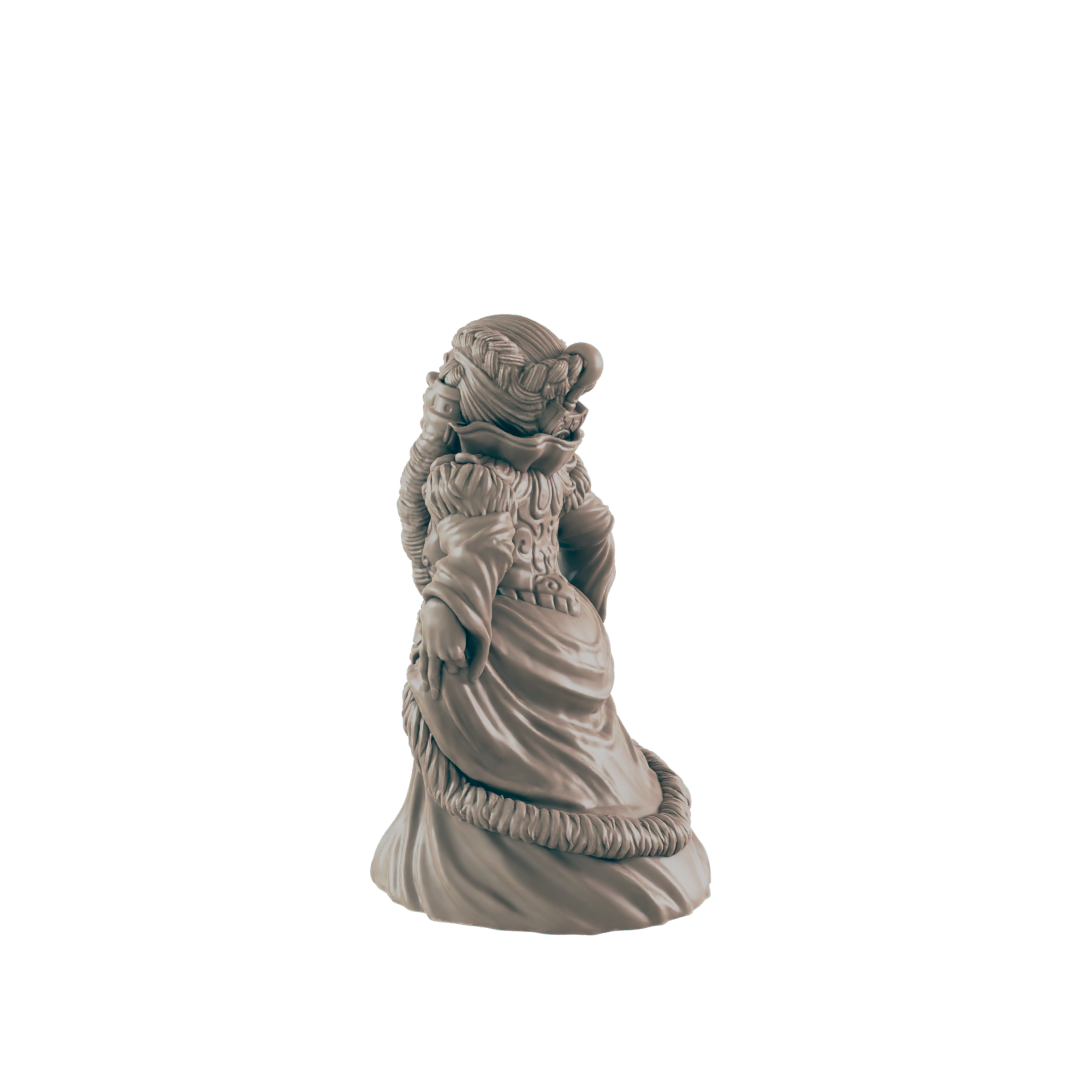 A miniature, sculpted figure of a woman in an elaborate dress stands in a void. She has ornate braids and fur accents on her dress.