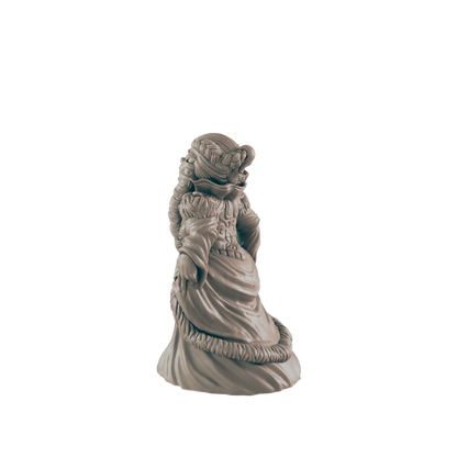 A miniature, sculpted figure of a woman in an elaborate dress stands in a void. She has ornate braids and fur accents on her dress.