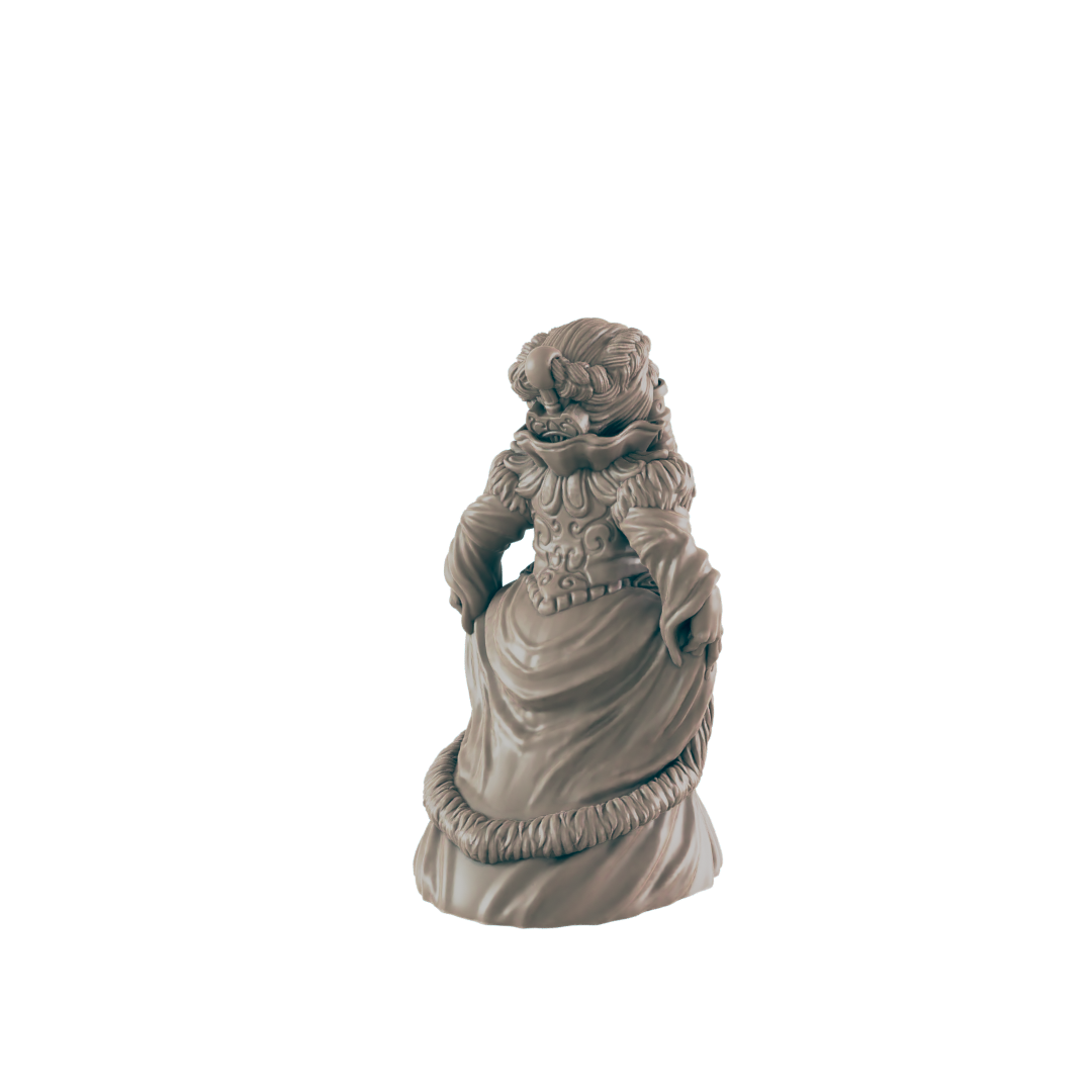 A lion-like figurine, dressed in an ornate gown, stands against a dark background.