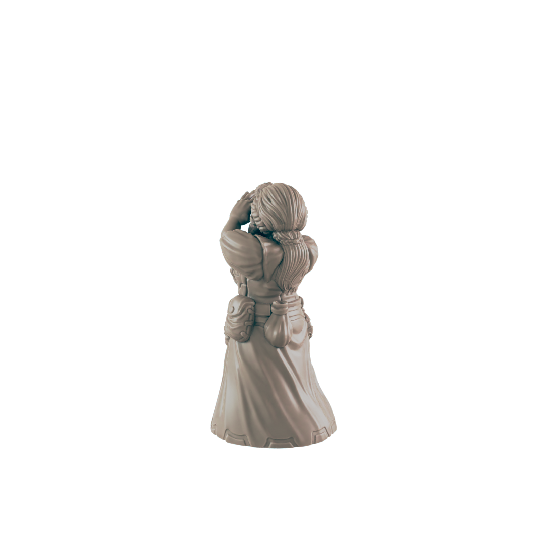A miniature female figure, seemingly shielding her eyes, stands against a dark background.