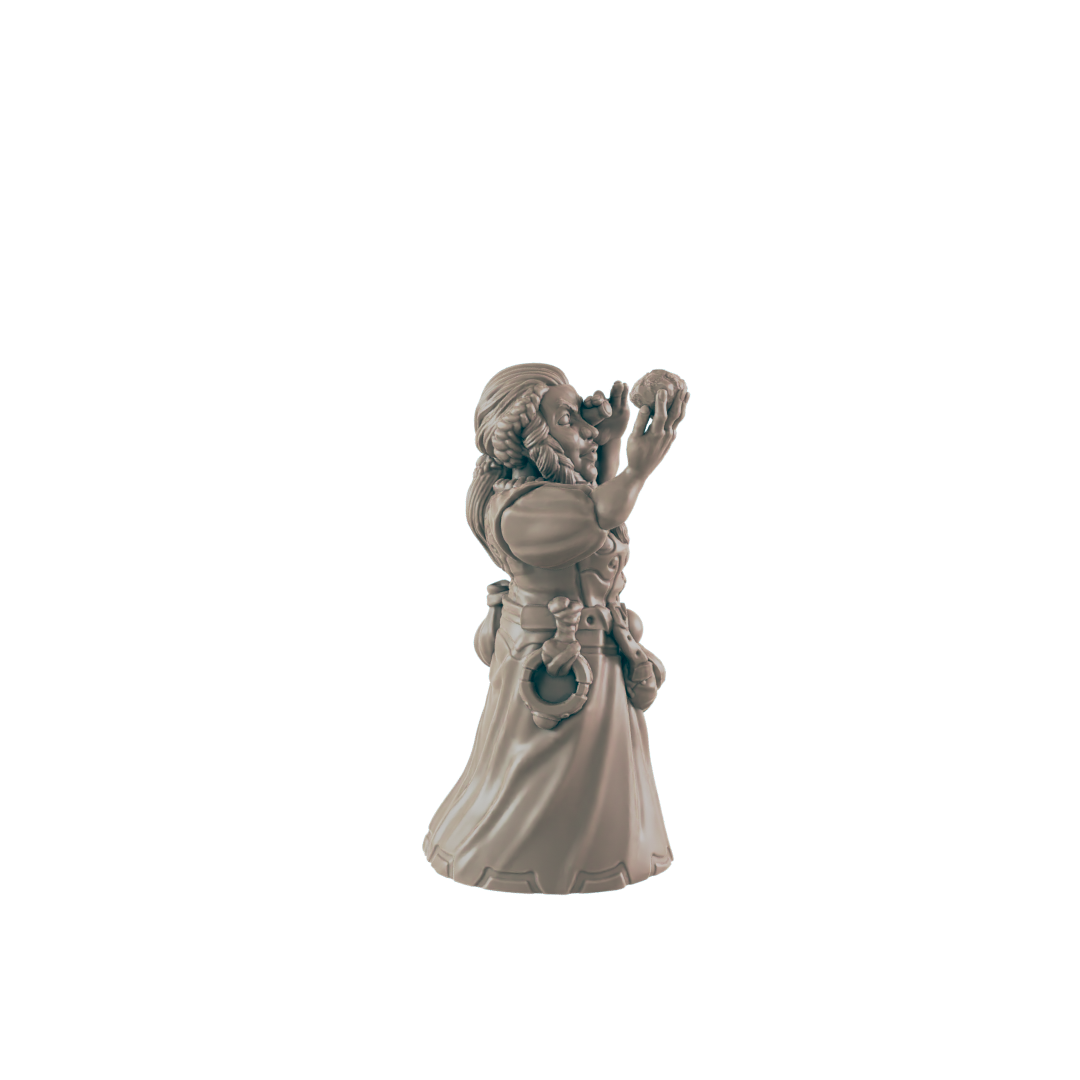 A miniature figurine of a robed, bearded figure holds an object to their face, seemingly examining it; it is set against a plain black background.