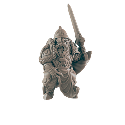 A grey, detailed dwarf figurine raises a sword. It wears a helmet, armor, and a robe in a black background.