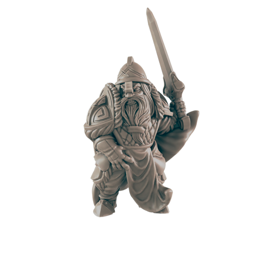 A grey, detailed dwarf figurine raises a sword. It wears a helmet, armor, and a robe in a black background.