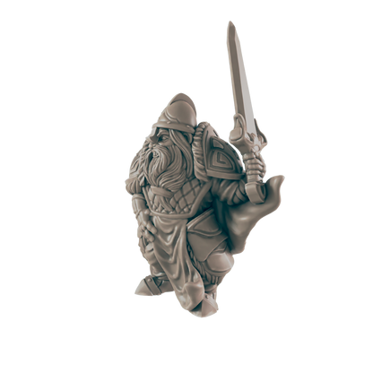 A miniature dwarf warrior figure, wielding a sword, stands against a dark background.