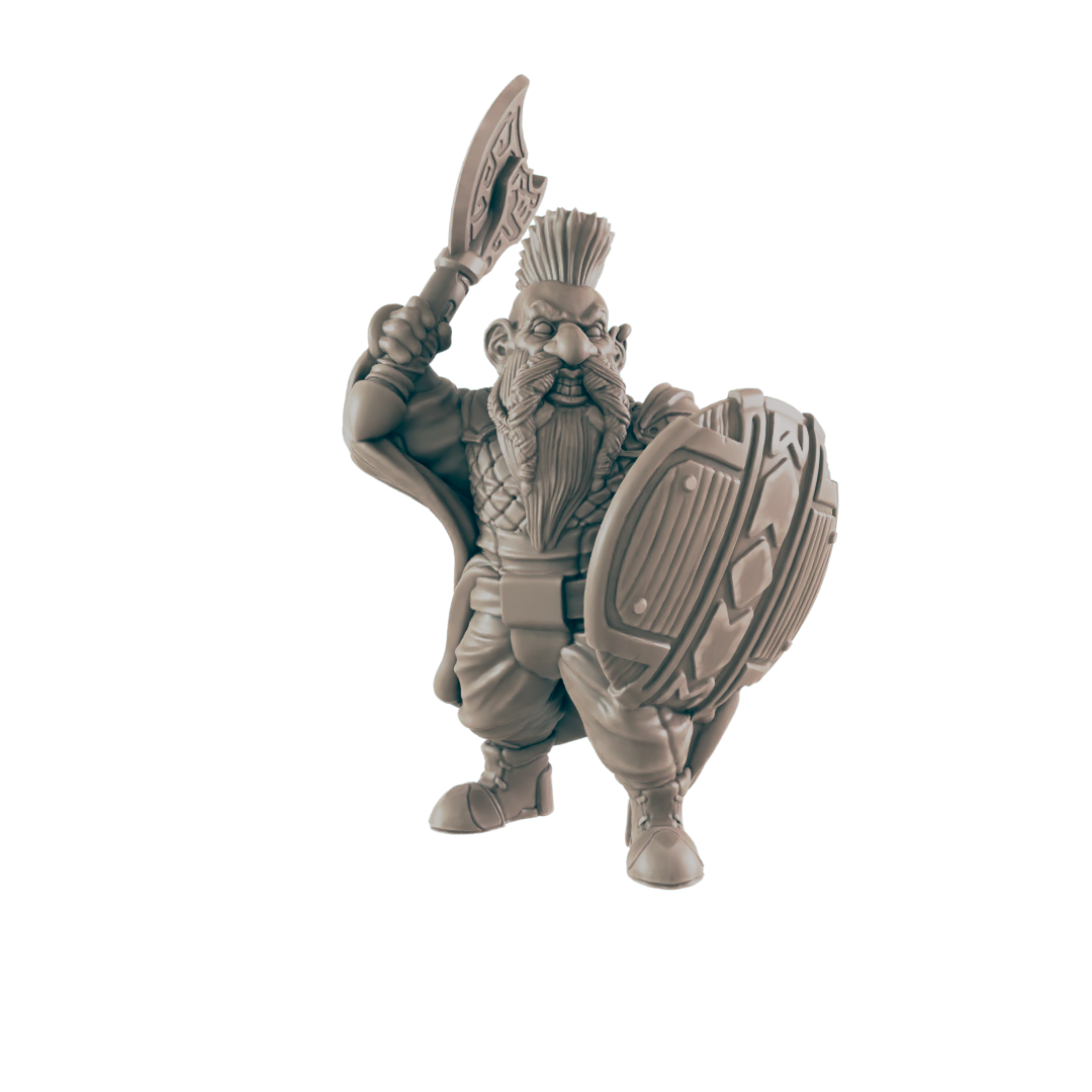A dwarf figurine stands, holding an axe above his head and a shield in the other hand. He has a beard, and a mohawk, against a black background.