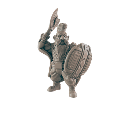 A dwarf figurine stands, holding an axe above his head and a shield in the other hand. He has a beard, and a mohawk, against a black background.