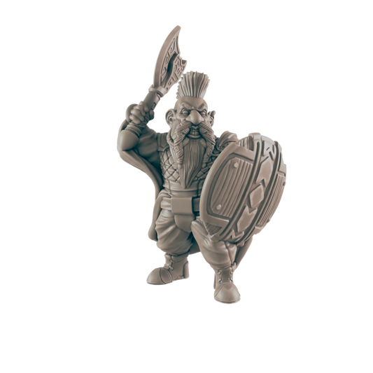 A dwarf figurine stands, holding an axe above his head and a shield in the other hand. He has a beard, and a mohawk, against a black background.