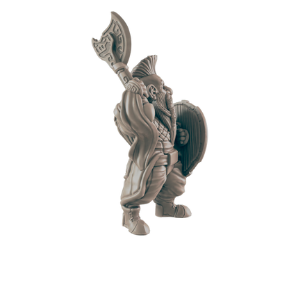 A dwarf miniature wields a large axe and shield, standing in a three-quarter view against a black background.