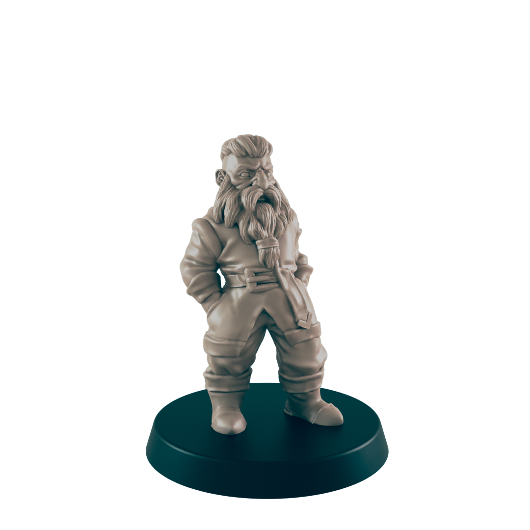 A miniature dwarf figurine stands on a dark circular base.  It is rendered in a light beige color, and is depicted in a slightly pensive pose with hands in pockets.