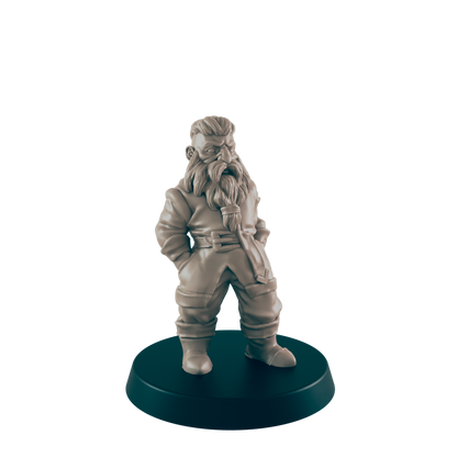A miniature dwarf figurine stands on a dark circular base.  It is rendered in a light beige color, and is depicted in a slightly pensive pose with hands in pockets.