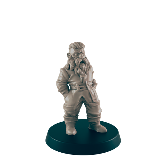 A miniature dwarf figurine stands on a dark circular base.  It is rendered in a light beige color, and is depicted in a slightly pensive pose with hands in pockets.