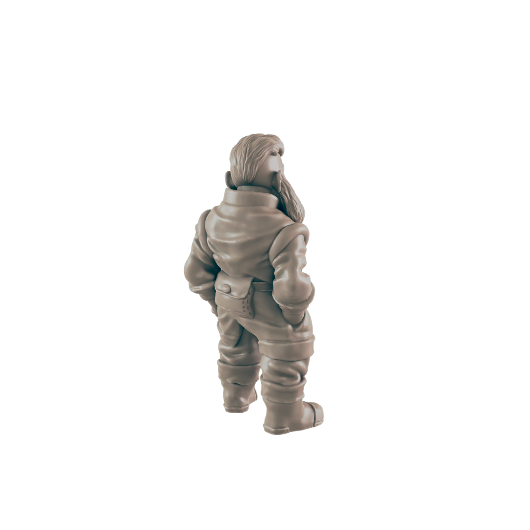 A miniature figurine of a stout, possibly dwarven, figure stands facing away, wearing a bulky, hooded outfit and boots.  It is set against a plain black background.