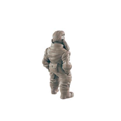 A miniature figurine of a stout, possibly dwarven, figure stands facing away, wearing a bulky, hooded outfit and boots.  It is set against a plain black background.