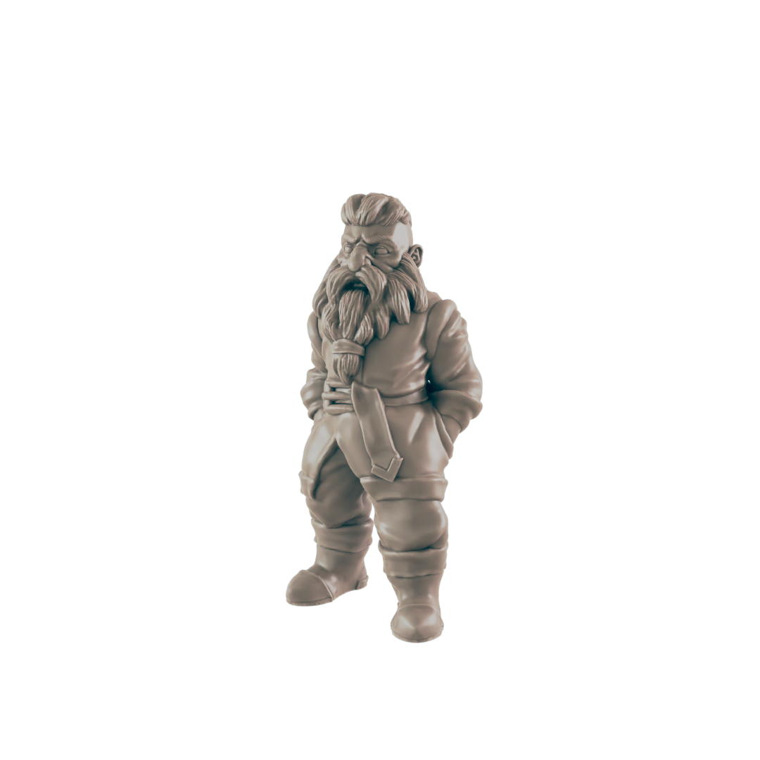 A dwarf miniature stands with hands in pockets against a dark background.