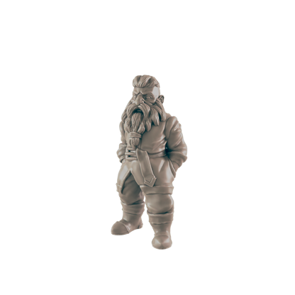 A dwarf miniature stands with hands in pockets against a dark background.