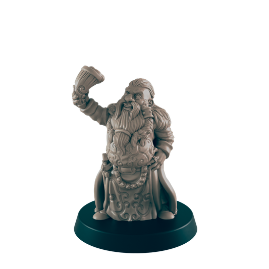 A small gray figure, probably plastic, of a dwarf raises a drinking horn against a black background. The figure stands on a small, round base.