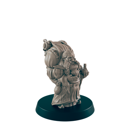 A dwarf miniature stands on a dark green platform. It wears a pack, and holds a bottle while wearing a long, decorative robe.