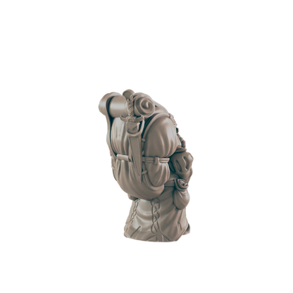 A fantasy miniature figure stands, heavily laden with a large backpack and pouches, presumably hiking into an unknown environment.